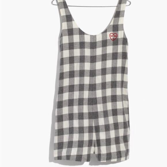 Madewell Embroidered Flannel Pajama Romper 100% Cotton Buffalo Check Grey XS - Picture 2 of 8